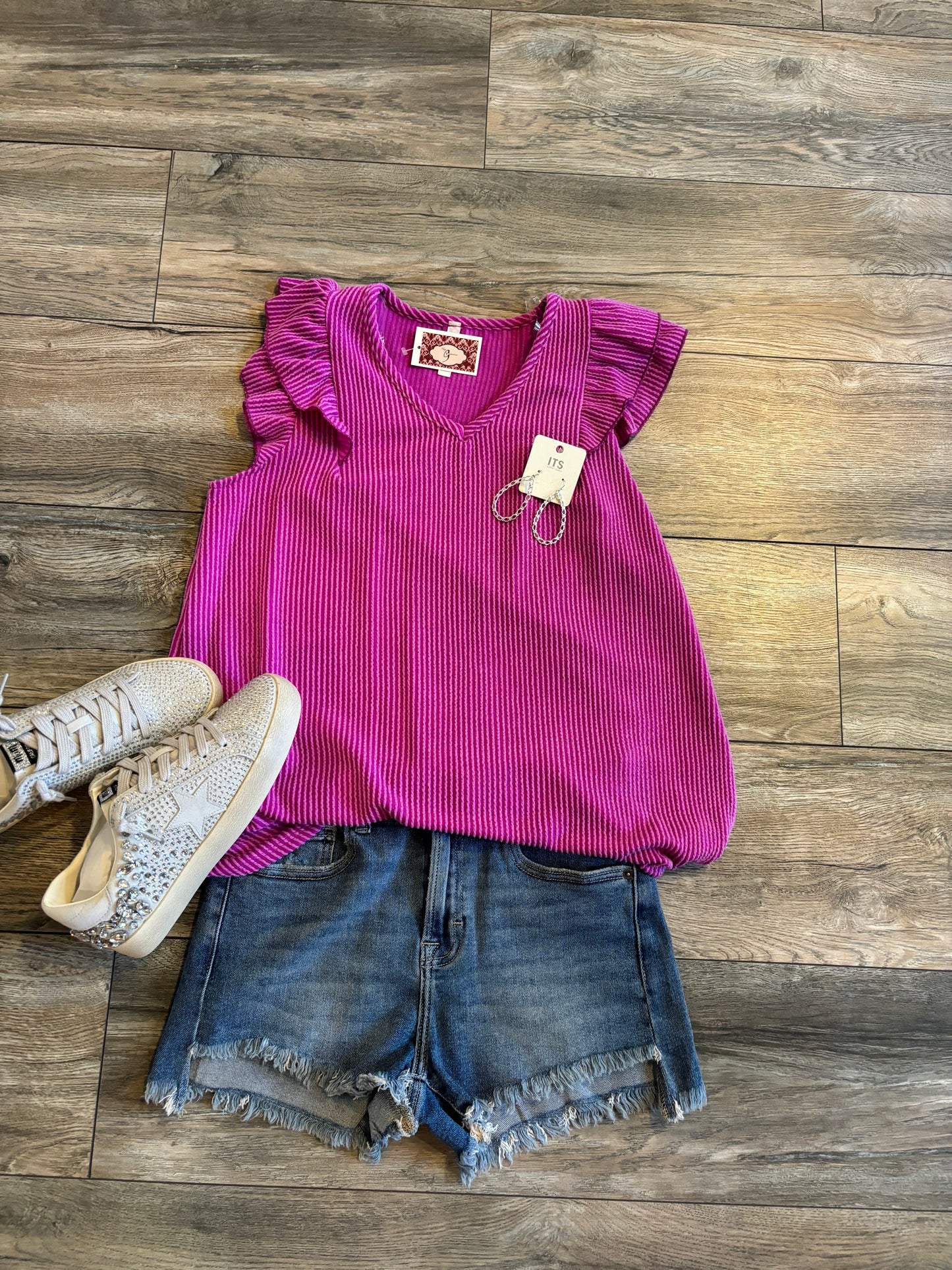 Ribbed Ruffle Sleeve-Magenta