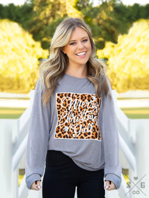 MERRY CHRISTMAS Y'ALL LEOPARD PATCH ON GREY LONGSLEEVE (Small)