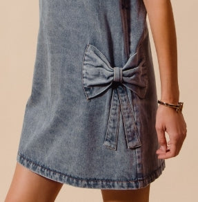 Denim Mini Dress with Bow Applique