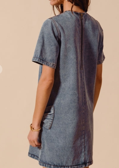 Denim Mini Dress with Bow Applique