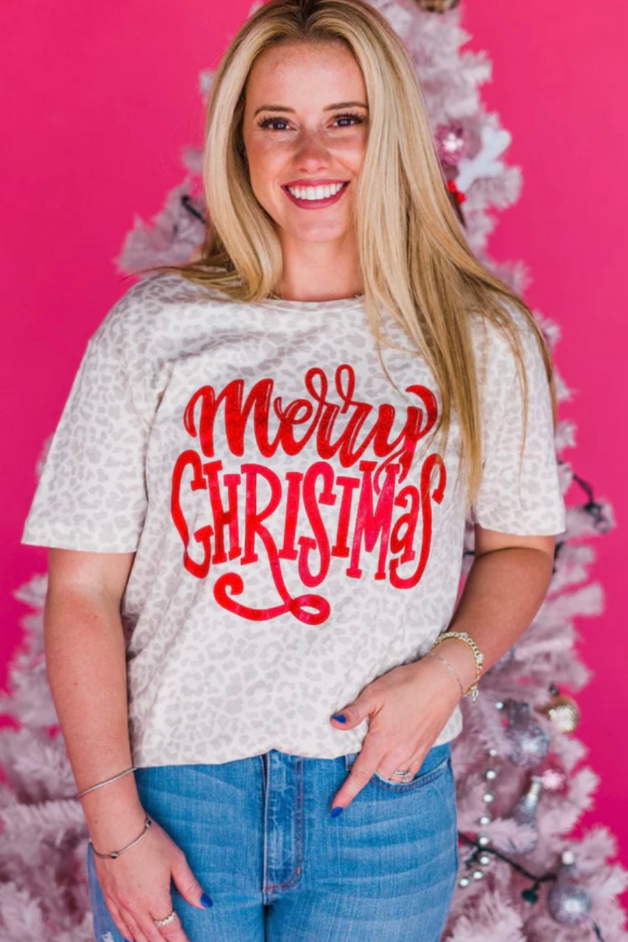 Tan Leopard Merry Christmas Tee