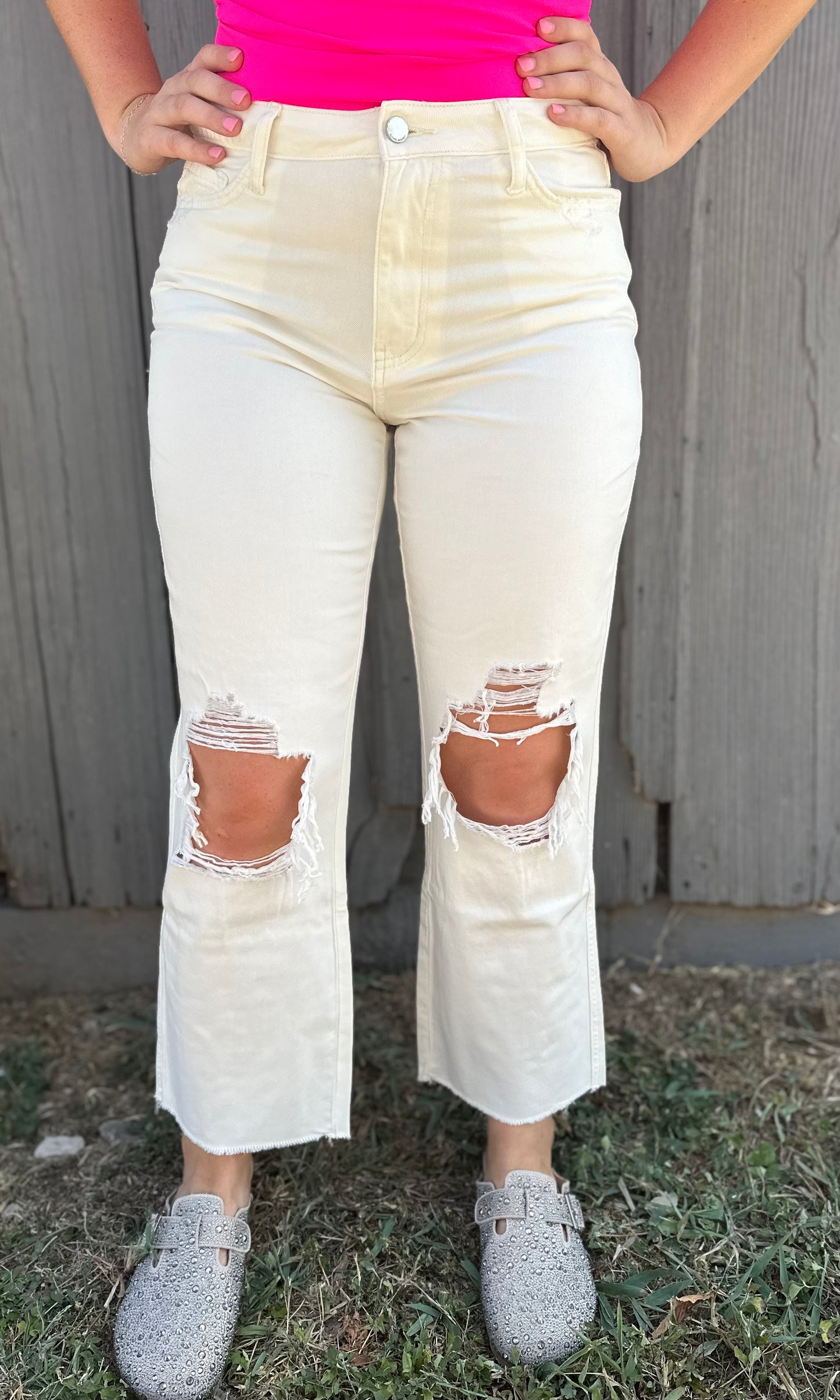 White Crop Distressed Jeans