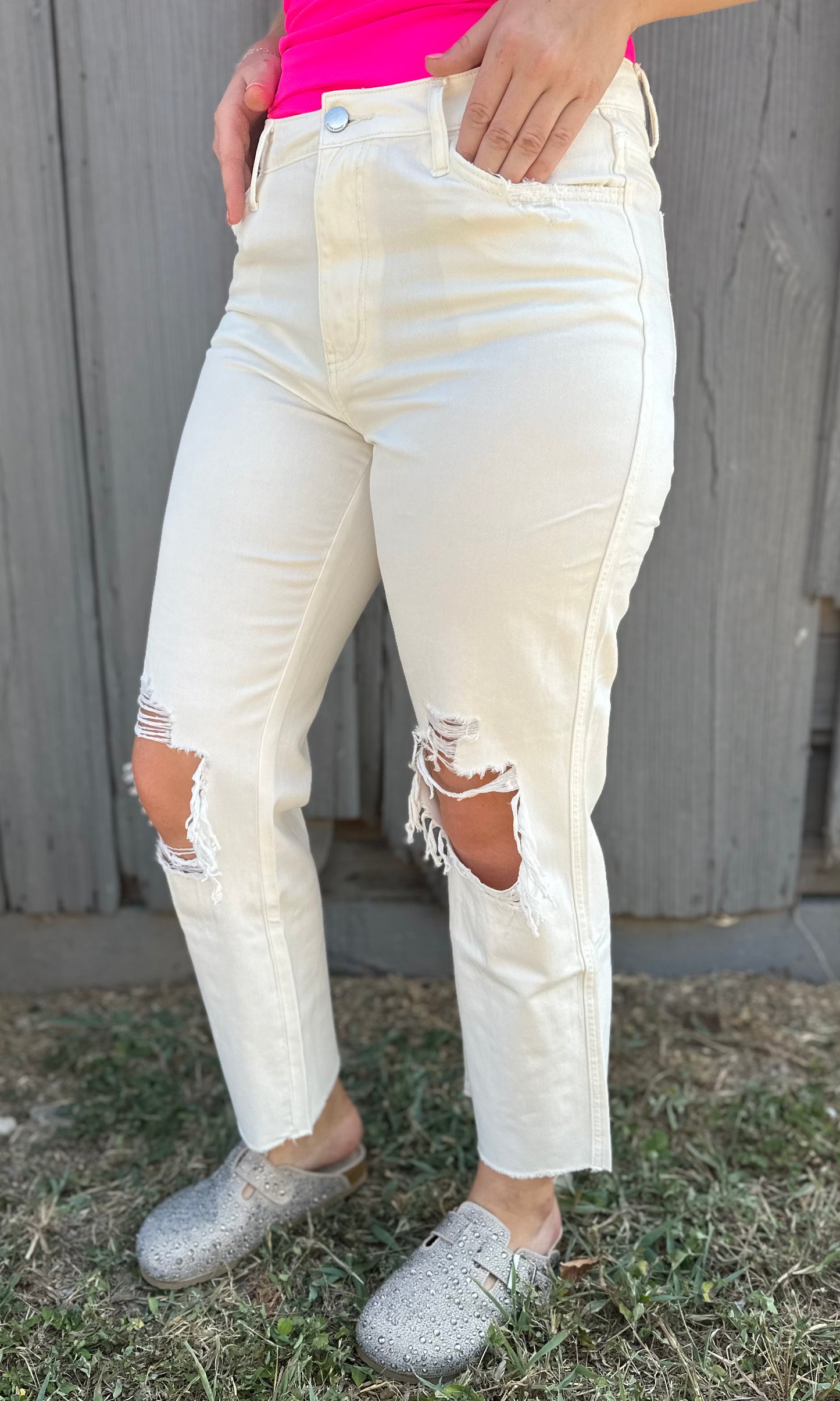White Crop Distressed Jeans