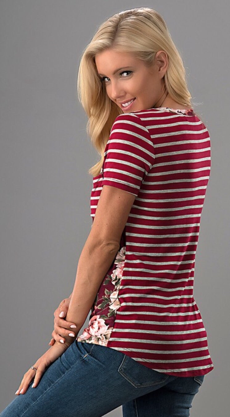 Burgundy Floral Stripe Top W/ Pocket