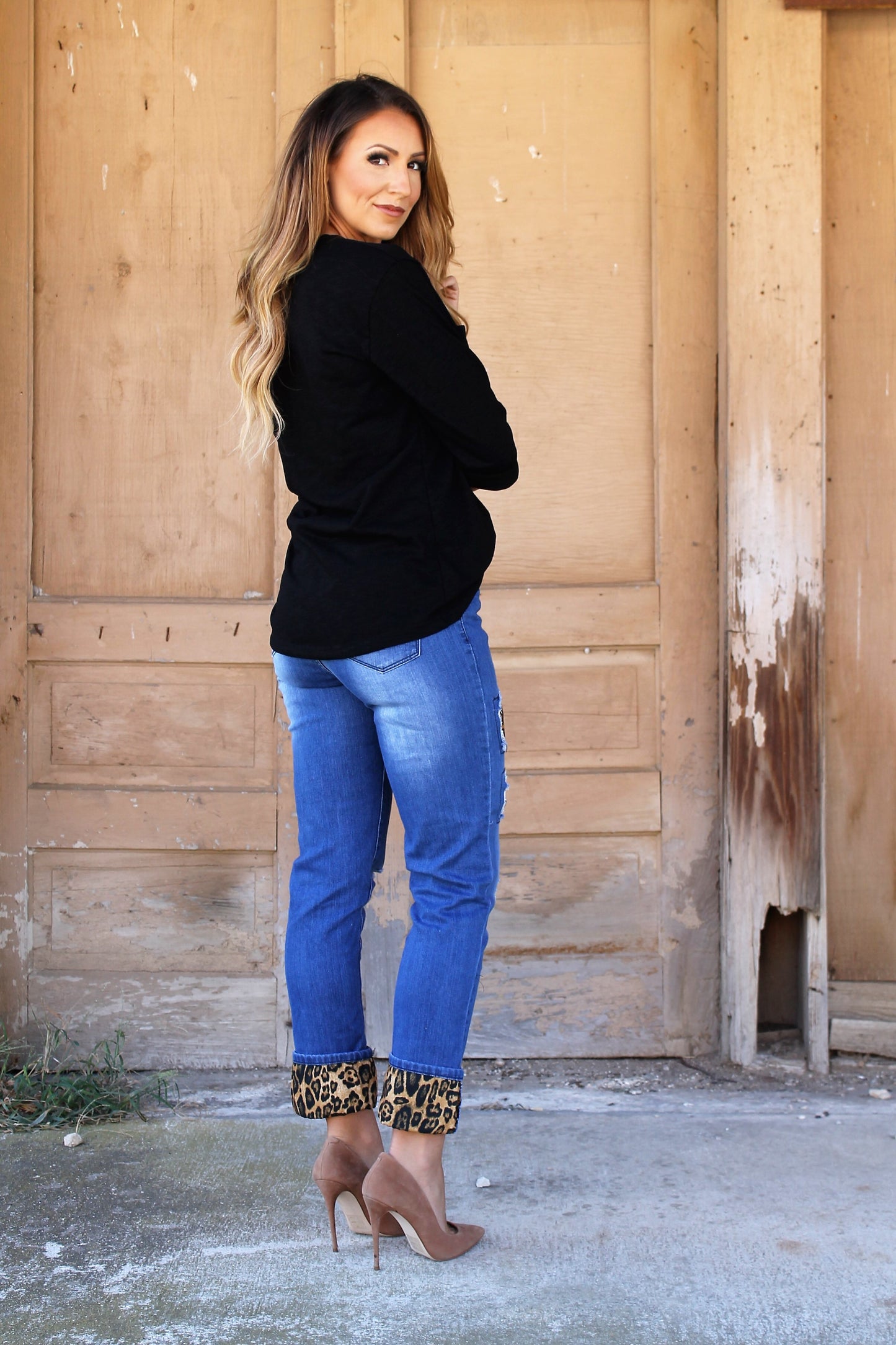 Mid Dark Relaxed Boyfriend Jean With Brown Leopard Detail (SIZE 26,28 & 30) *FINAL SALE*