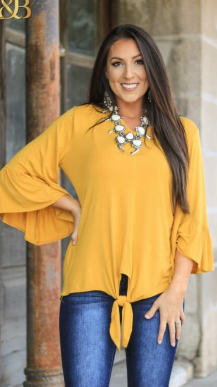 Mustard 3/4 Bell Sleeve Top w/front Waist Tie LB3T-F1133-MT