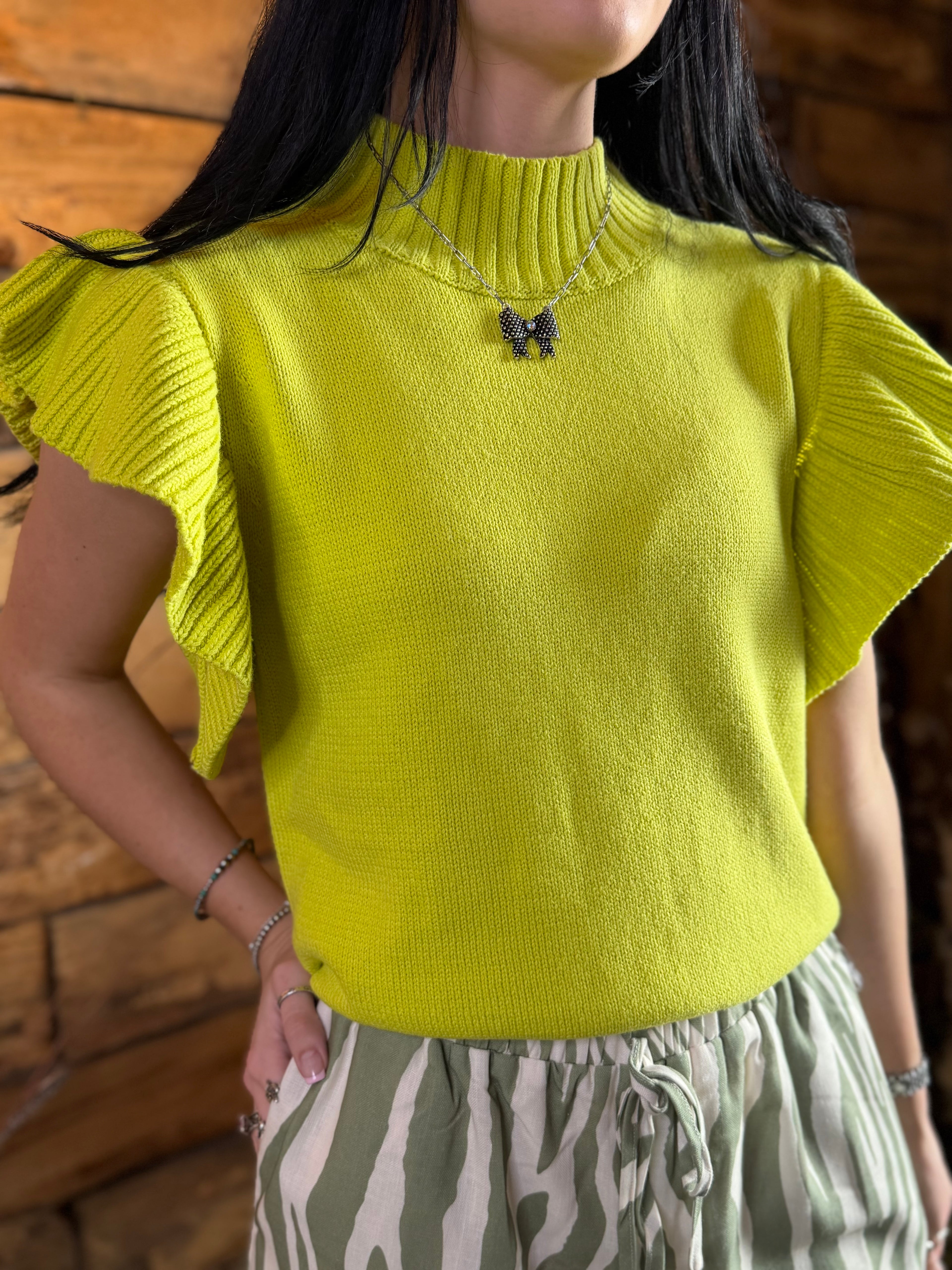 Chartreuse Ruffle Sweater Top