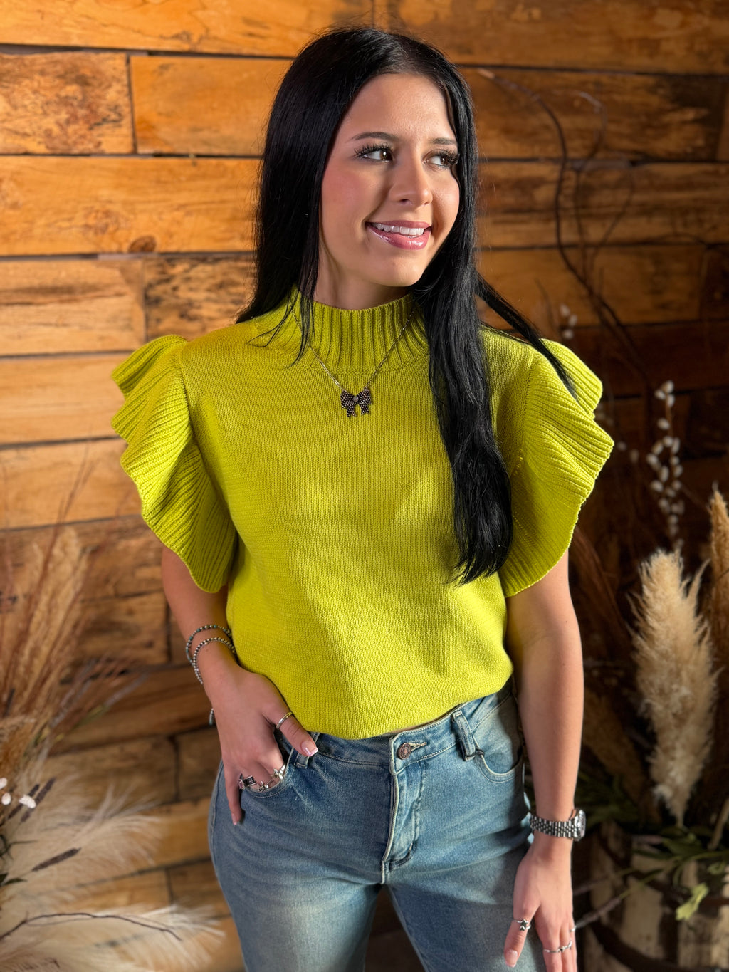 Chartreuse Ruffle Sweater Top