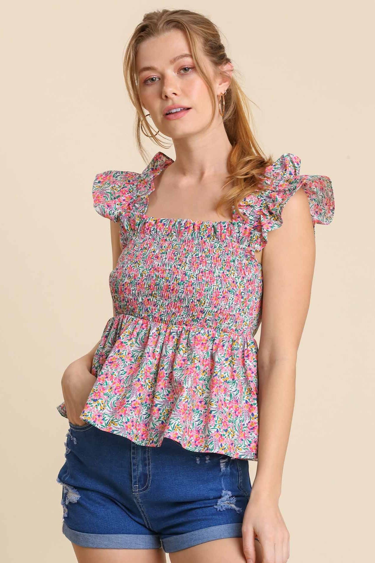 PINK FLORAL MIX SMOCKED TOP