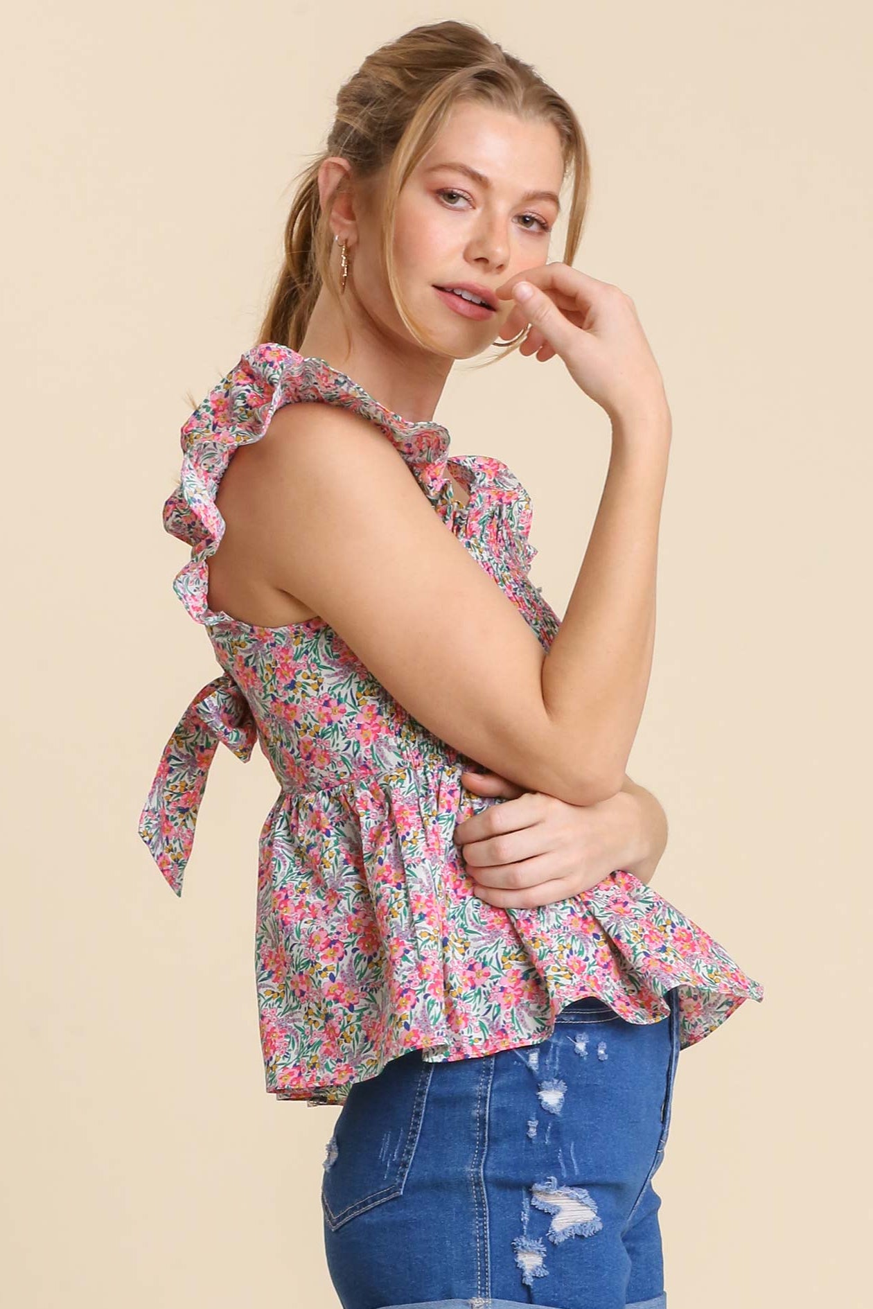 PINK FLORAL MIX SMOCKED TOP