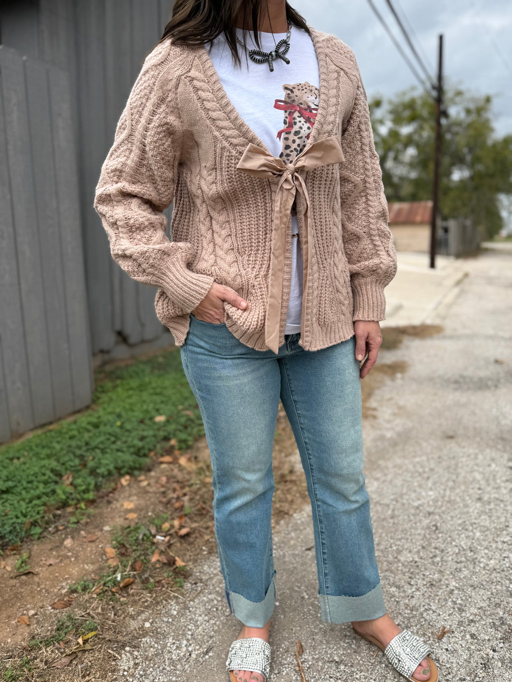 Camel Bow Knitted Cardigan