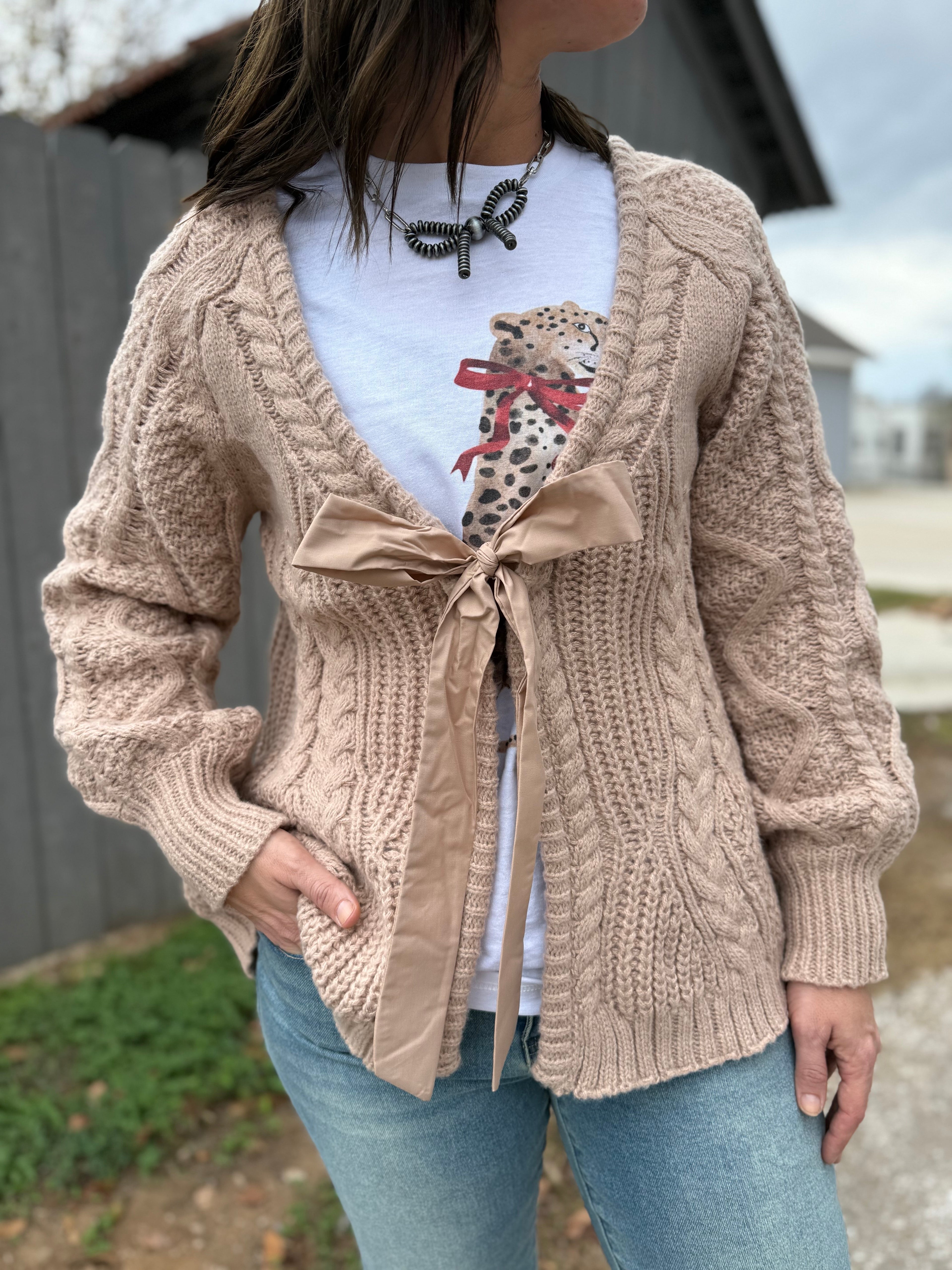 Camel Bow Knitted Cardigan