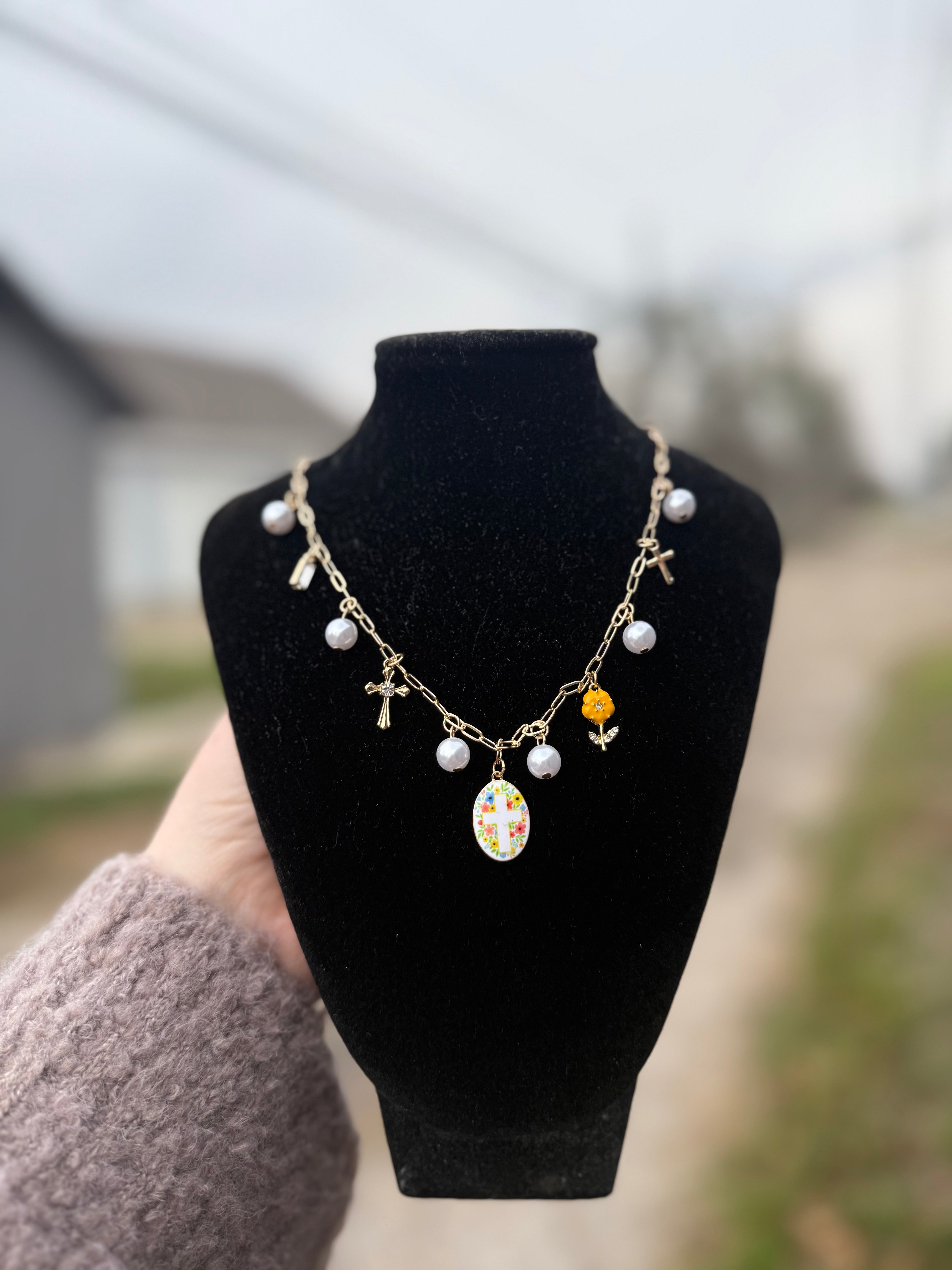 Floral Cross Charm Necklace