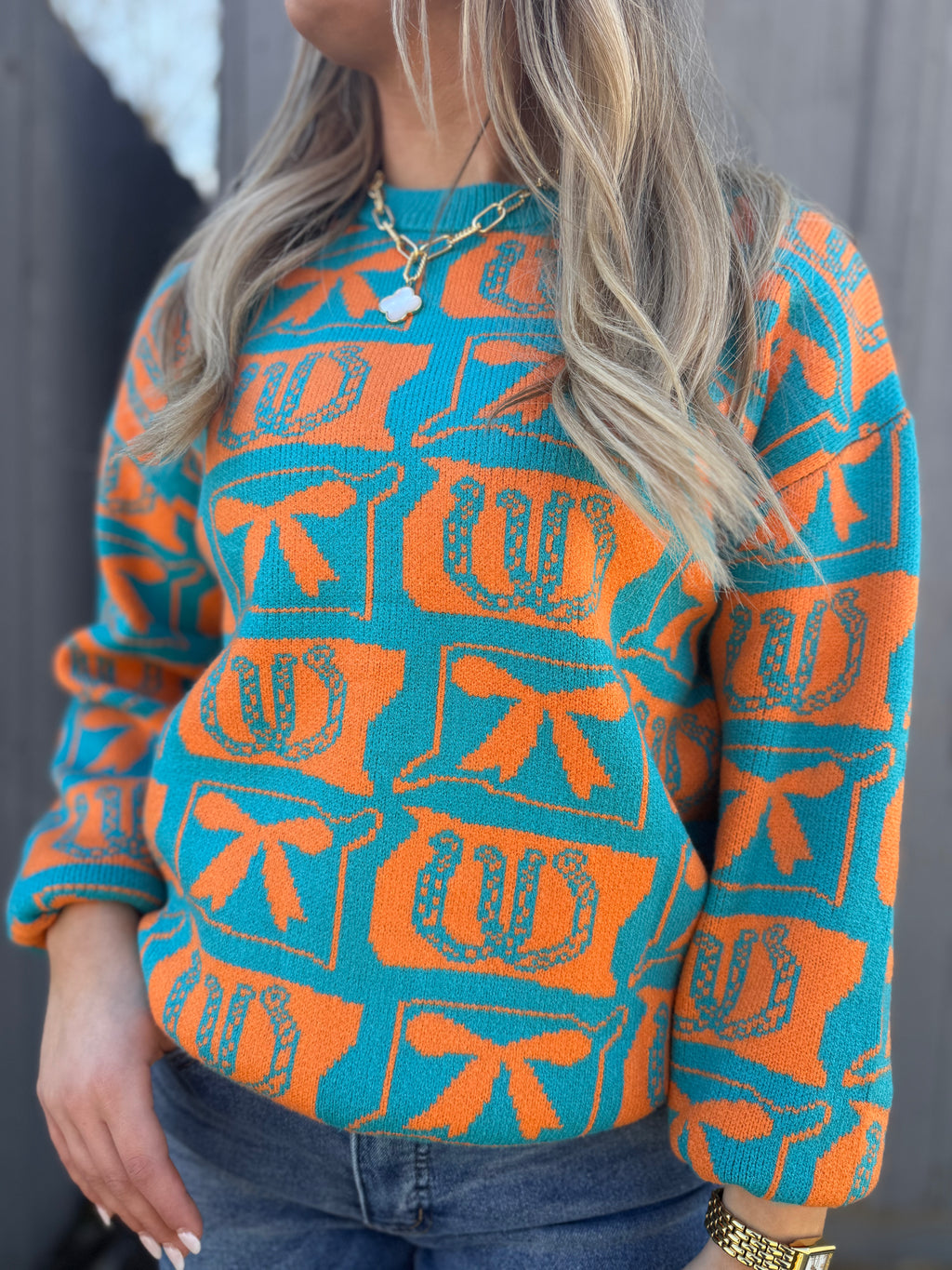 Teal Horseshoe & Bow Sweater