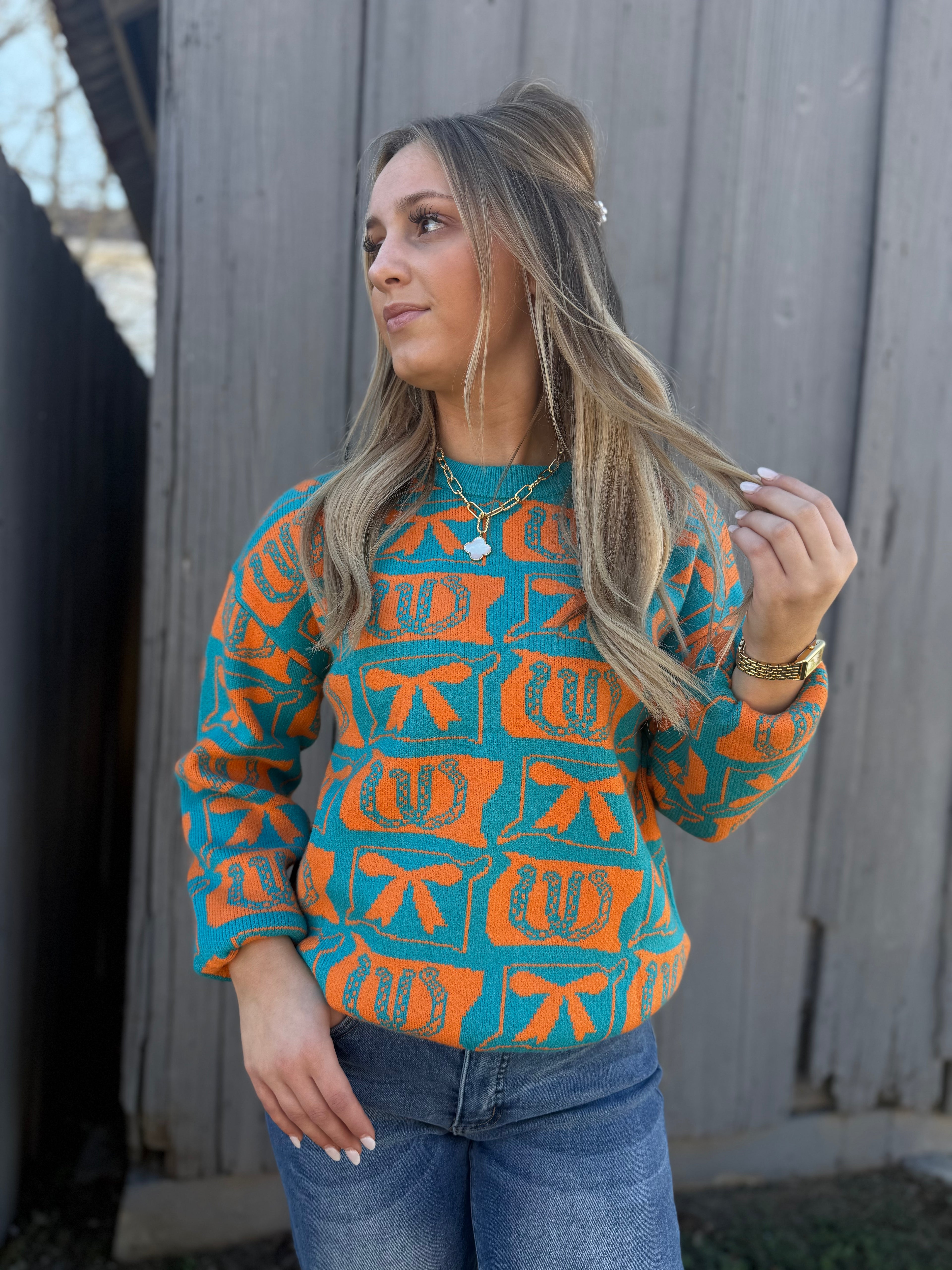Teal Horseshoe & Bow Sweater