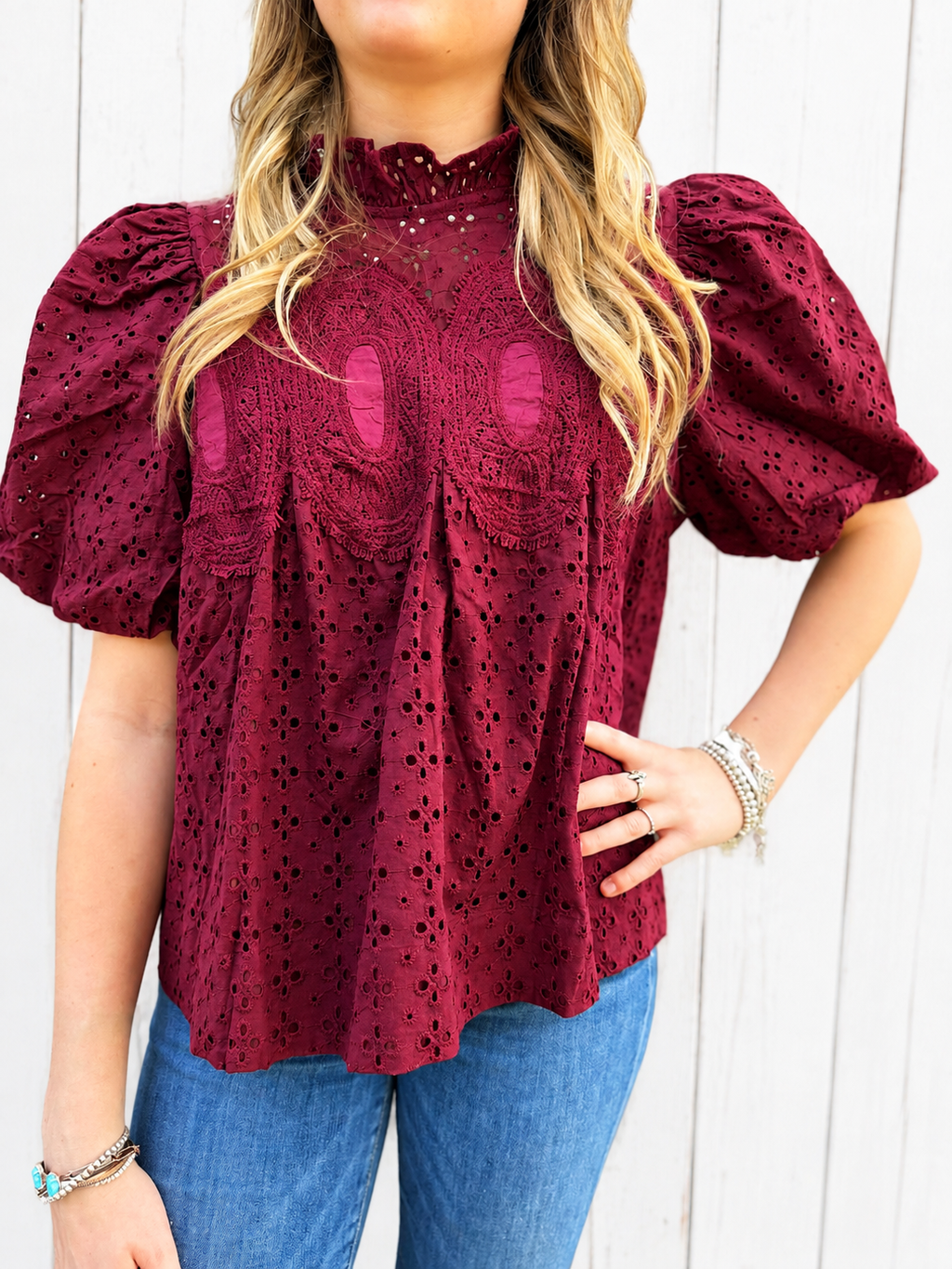 The Burgundy Eyelet Blouse