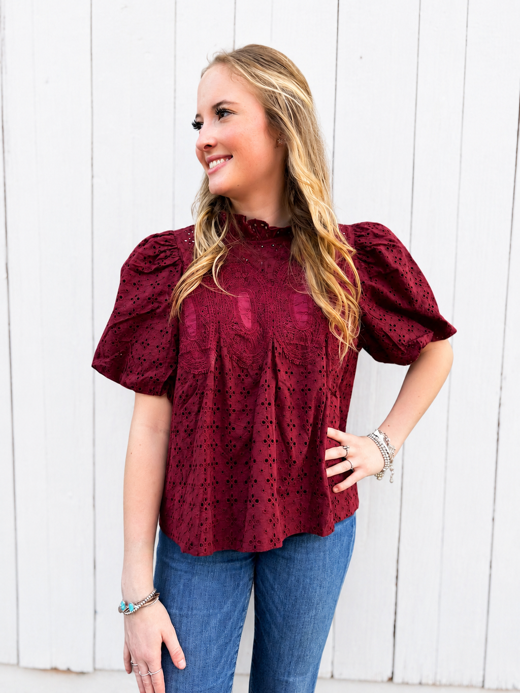 The Burgundy Eyelet Blouse