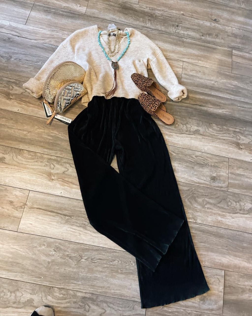 Black Ribbed Flowy Pants