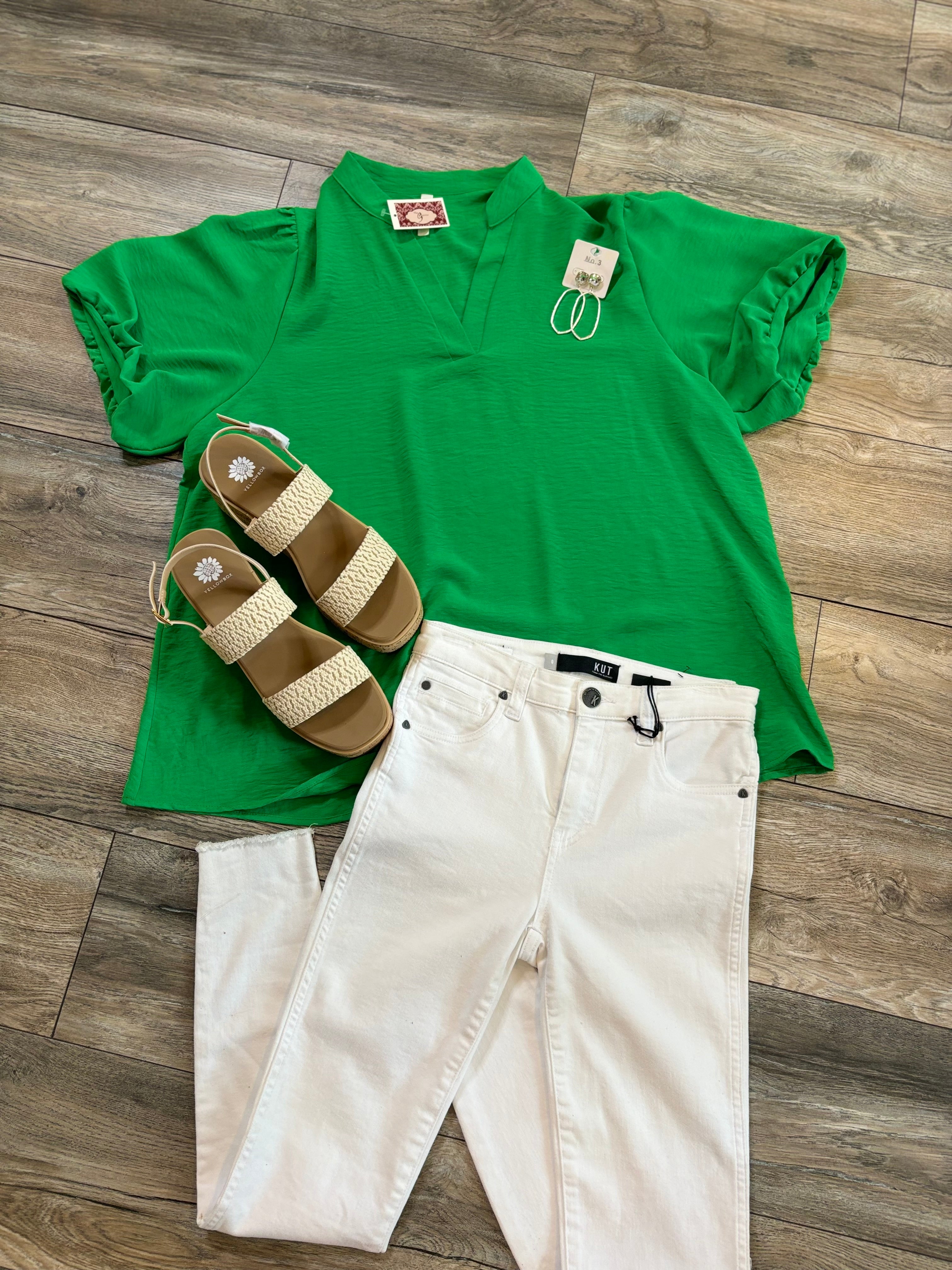 Green Balloon Sleeve Blouse