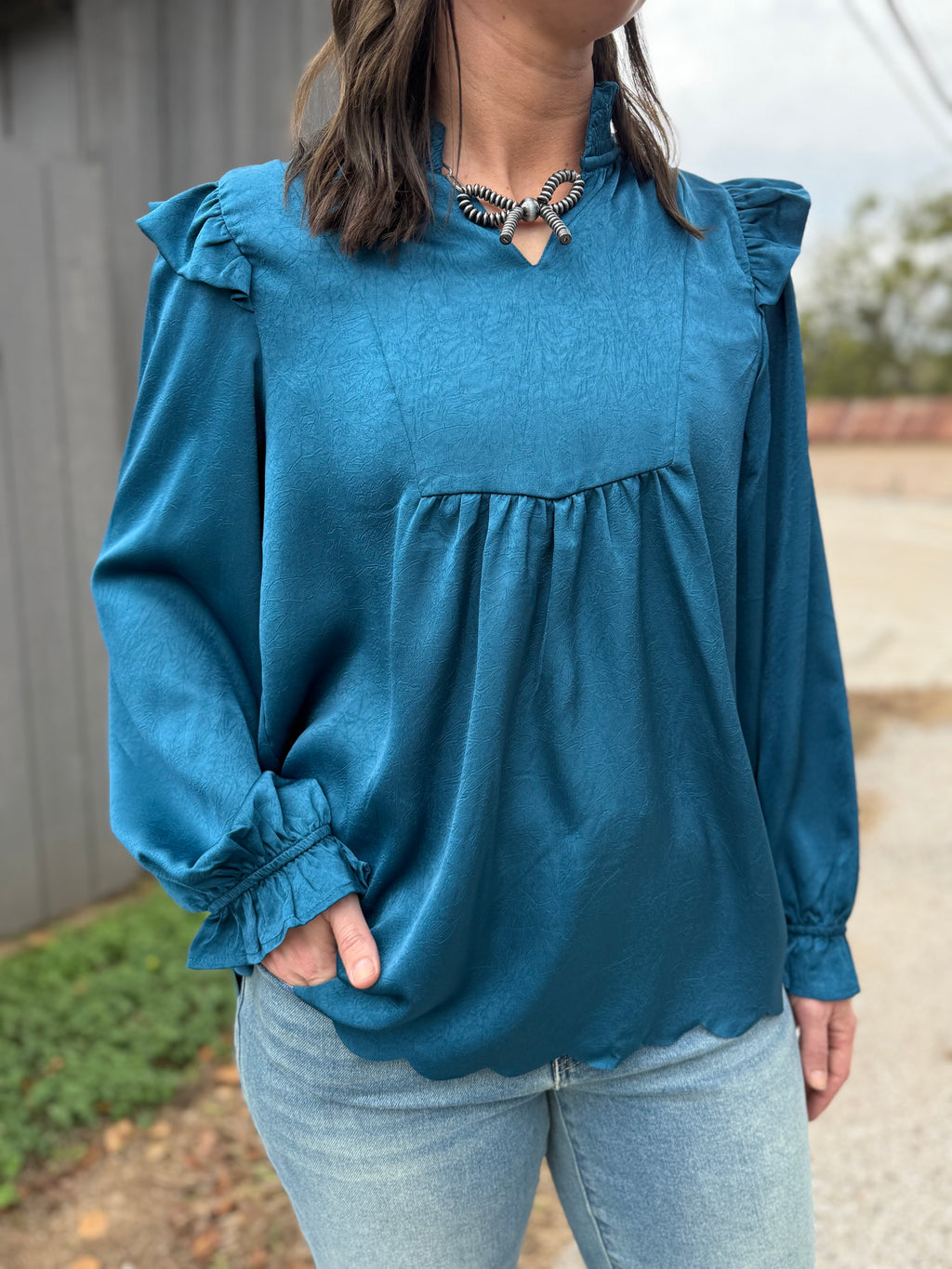 Indigo Ruffle Long Sleeve Blouse