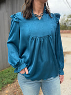 Indigo Ruffle Long Sleeve Blouse