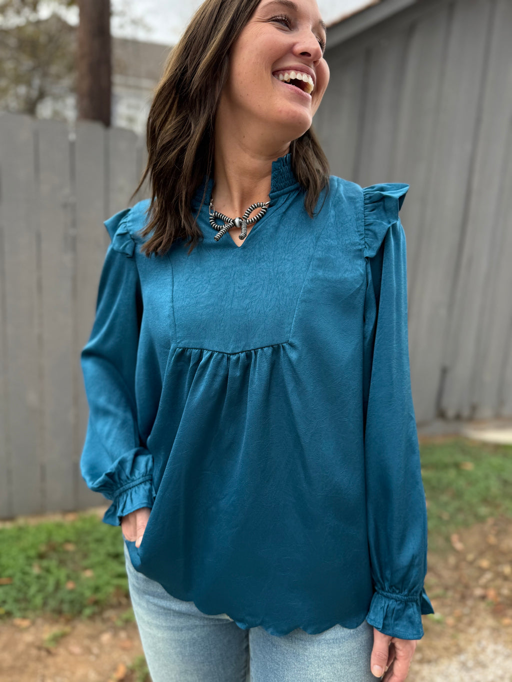 Indigo Ruffle Long Sleeve Blouse