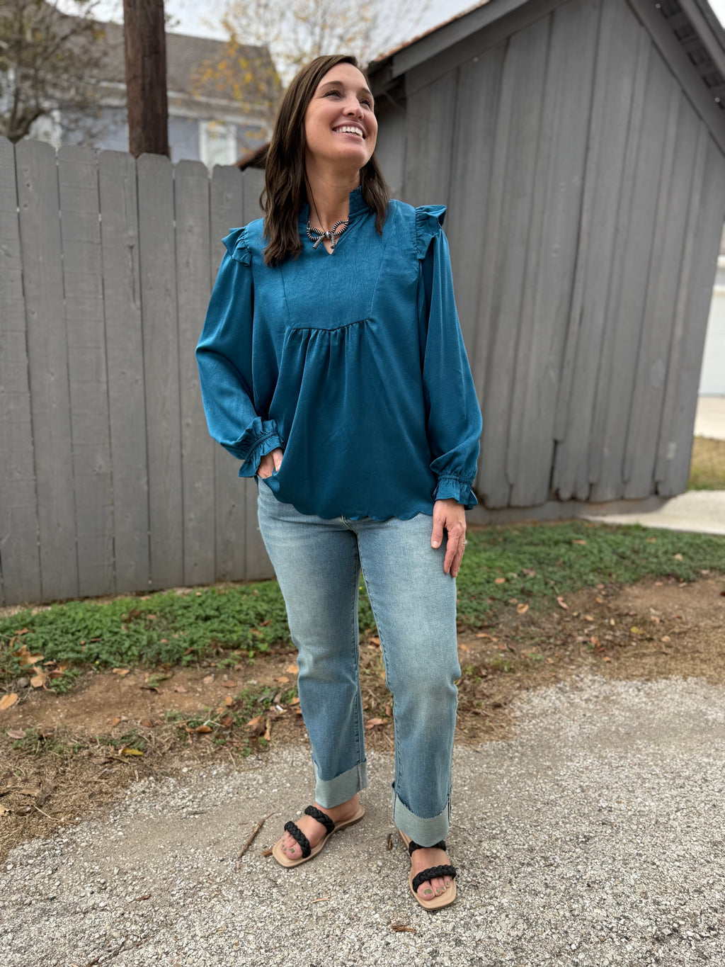 Indigo Ruffle Long Sleeve Blouse
