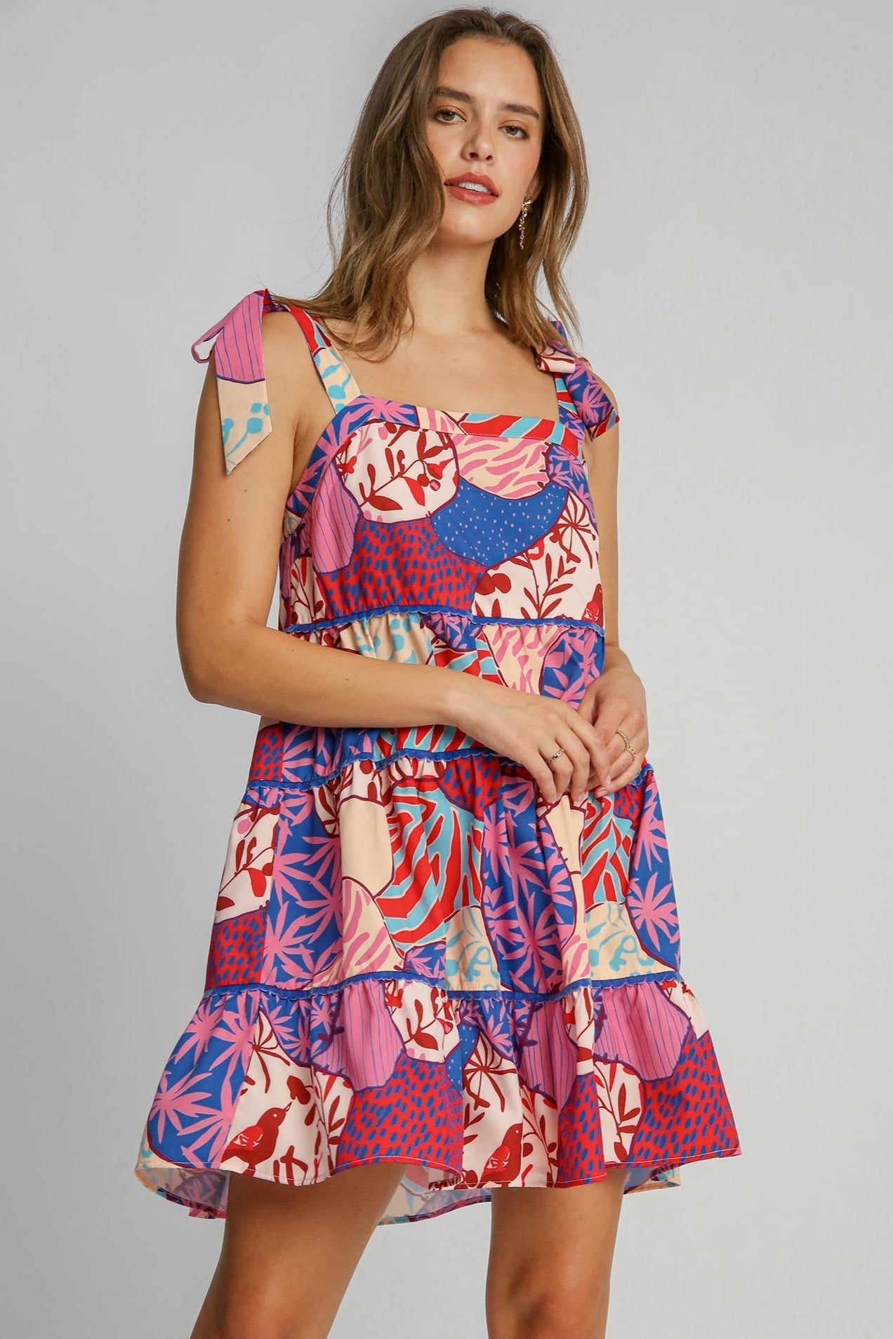 PRINTED TIERED TIE DRESS