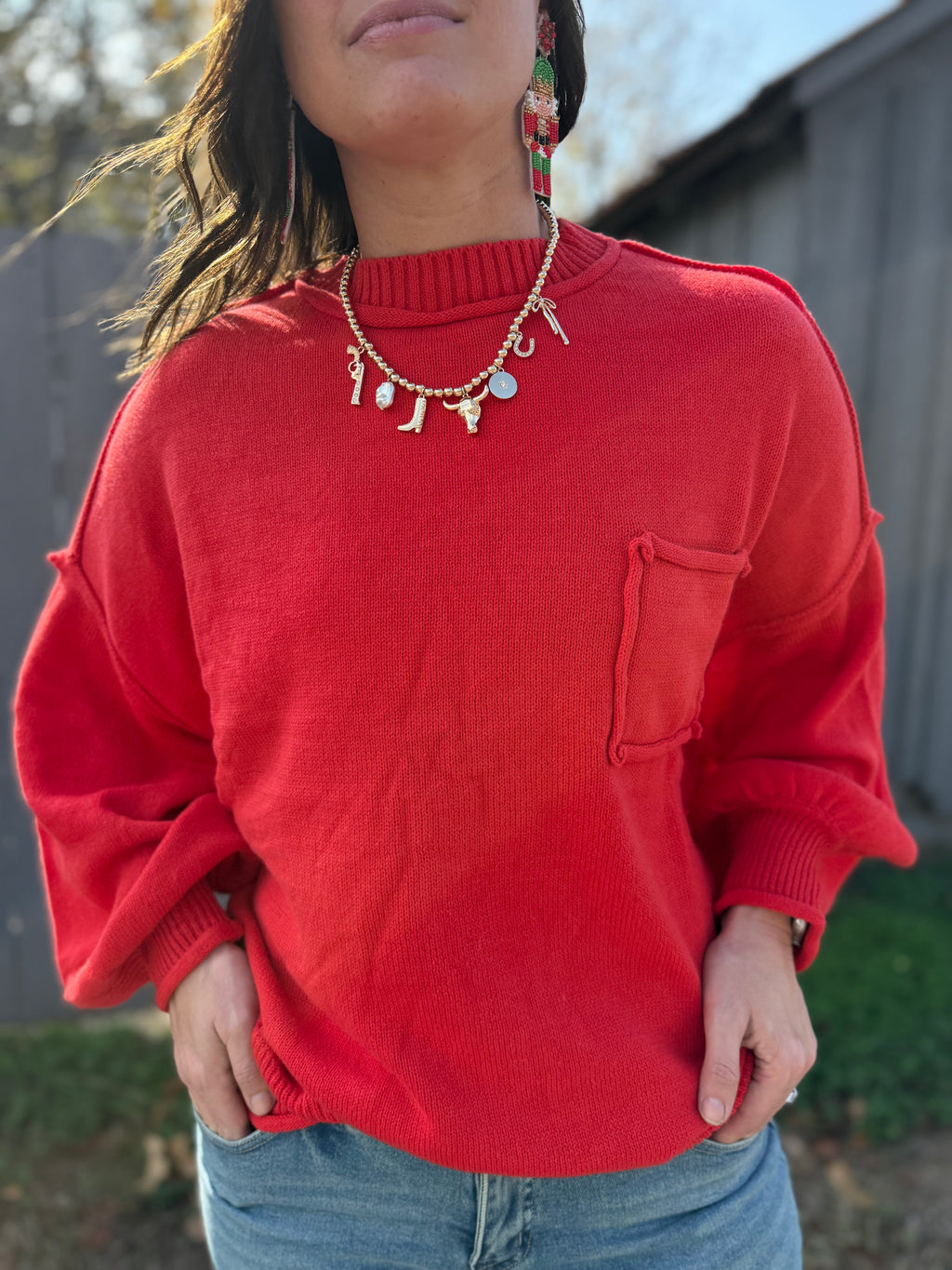 Merry Red Pocket Sweater