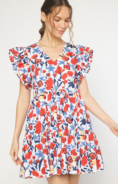 Floral Ruffle Sleeve Mini Dress (SMALL)