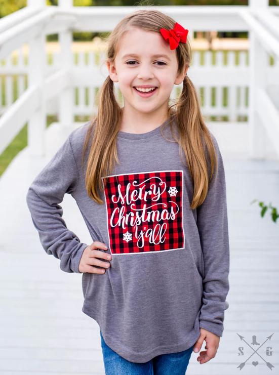 GIRLS' MERRY CHRISTMAS Y'ALL BUFFALO PLAID PATCH ON GREY LONGSLEEVE TEE