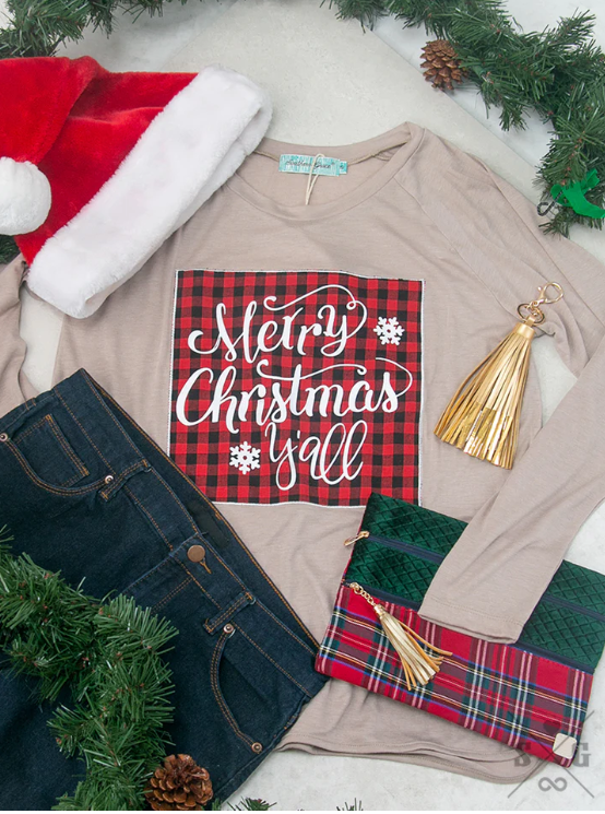 MERRY CHRISTMAS Y'ALL BUFFALO PLAID PATCH ON BEIGE LONGSLEEVE TEE
