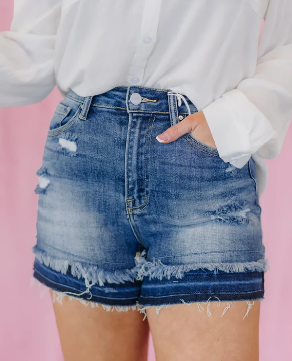 High Rise Patched Hem Shorts
