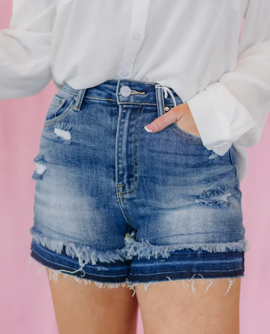 High Rise Patched Hem Shorts