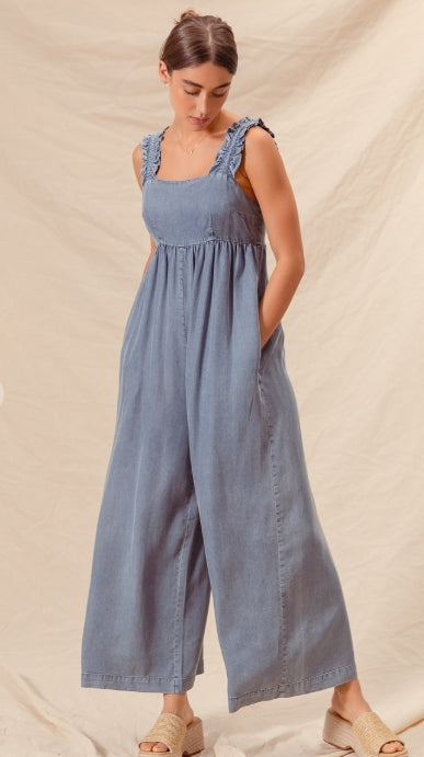 Lightweight Denim Overalls With Tie Back