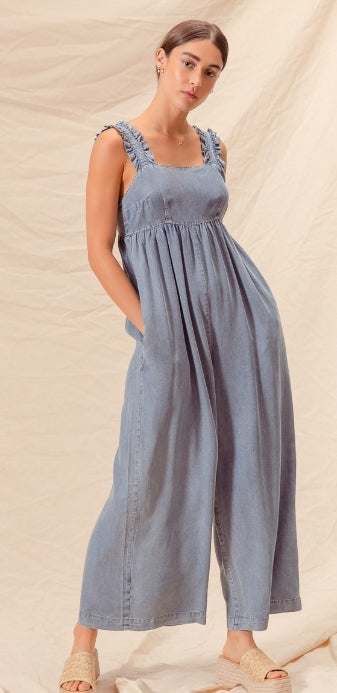 Lightweight Denim Overalls With Tie Back