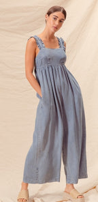 Lightweight Denim Overalls With Tie Back