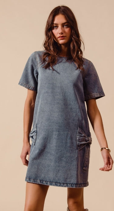 Denim Mini Dress with Bow Applique