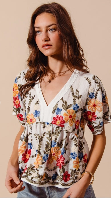 Floral Embroidered Baby Doll Blouse Top
