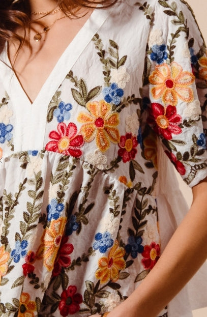 Floral Embroidered Baby Doll Blouse Top