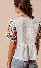 Floral Embroidered Baby Doll Blouse Top