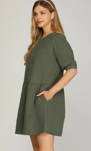 Olive Corduroy Dress with Pockets