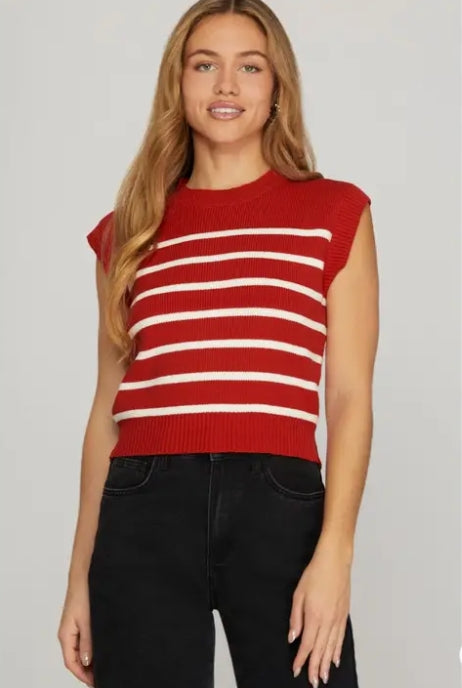 Sleeveless Round Neck Striped Sweater