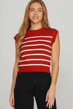 Sleeveless Round Neck Striped Sweater