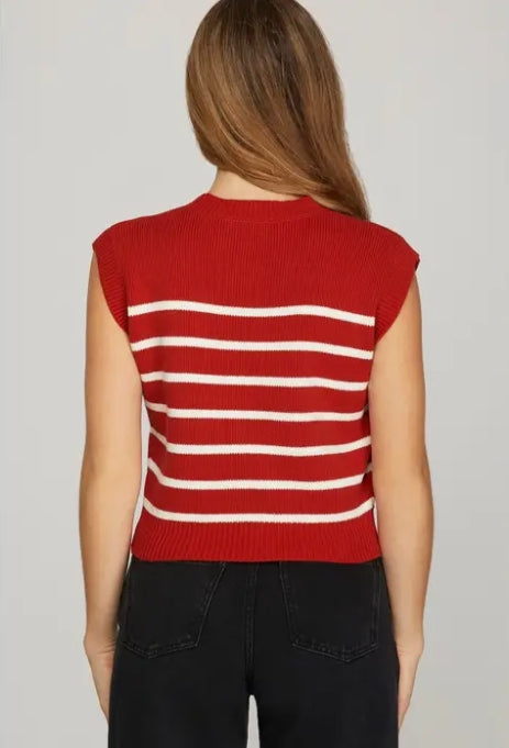 Sleeveless Round Neck Striped Sweater