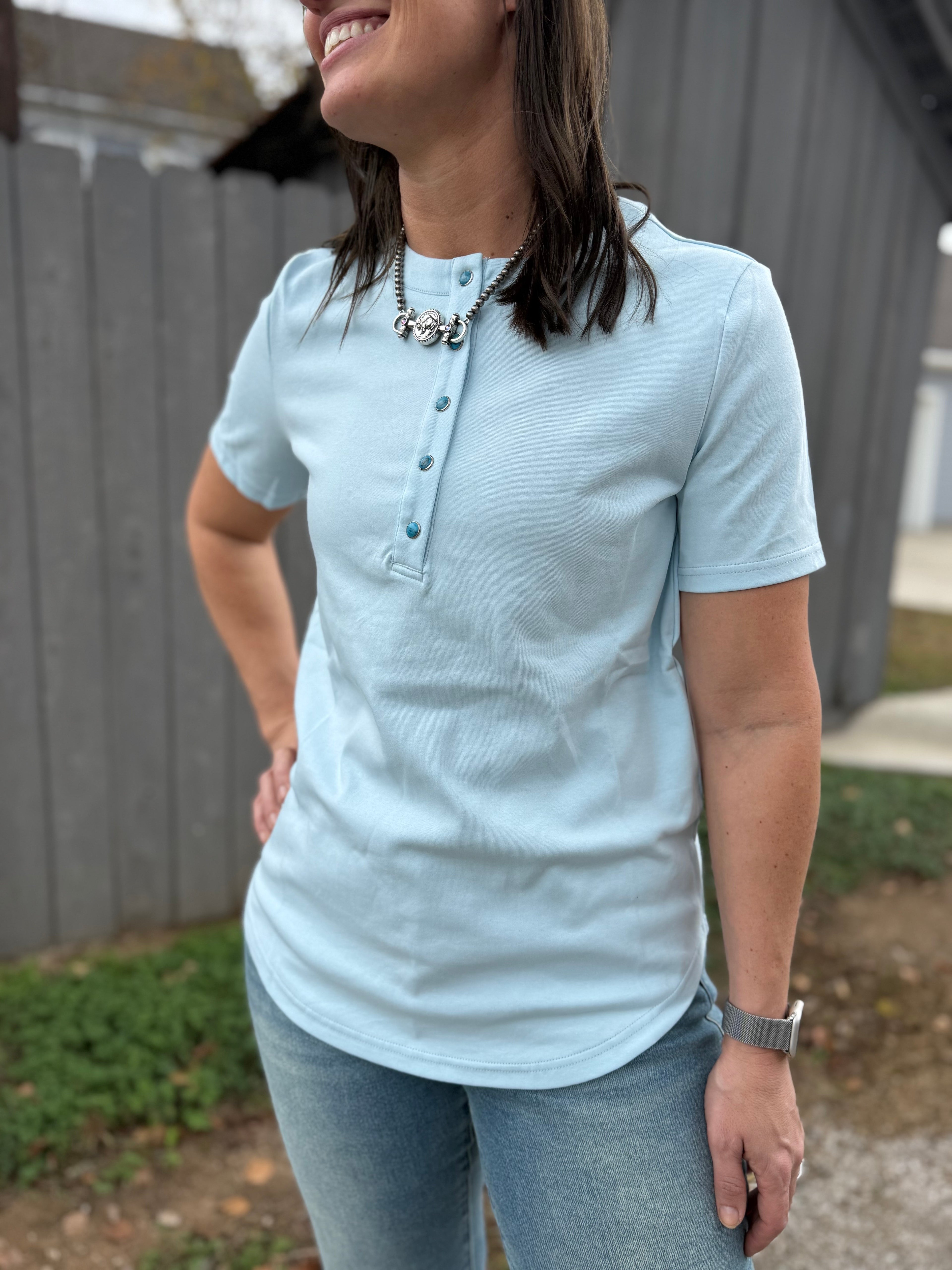 Light Blue Turquoise Snap Short Sleeve