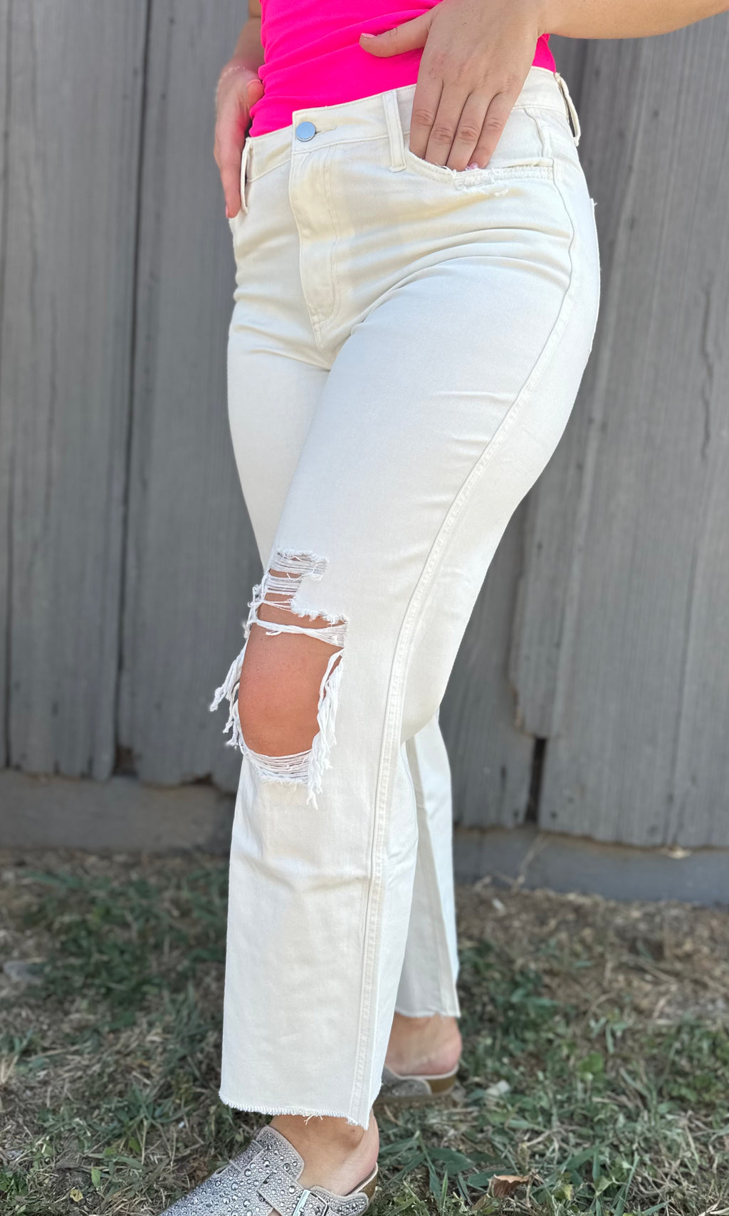 White Crop Distressed Jeans