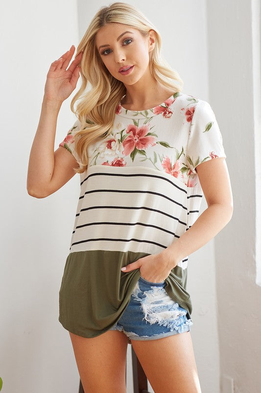Olive Floral Color Block Top