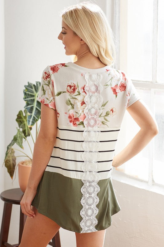 Olive Floral Color Block Top