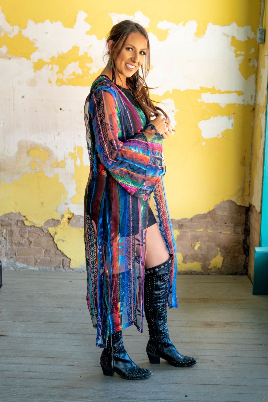 PRINTED SERAPE LACE LONG SLEEVE DOUBLE RUFFLE DUSTER